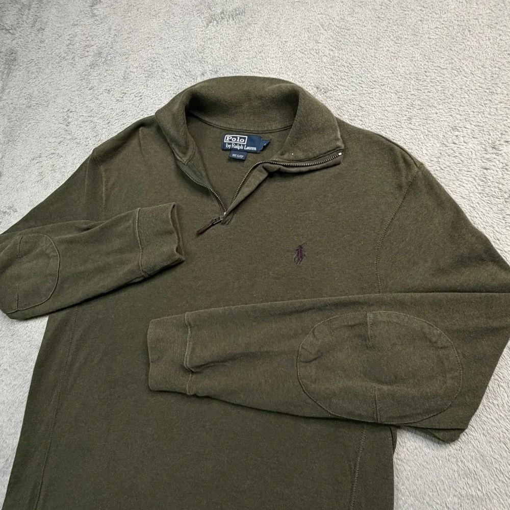 Polo Ralph Lauren Mens Small Olive Green Quarter Zip Pullover Elbow Patches